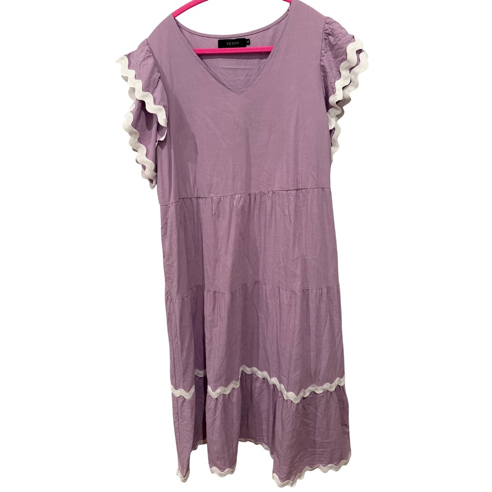 Zesica Lavender Purple Tiered Midi Dress Rickrack Trim Flutter Sleeve XL